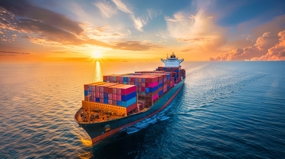 日暮黄昏海上集装箱货运船只图片